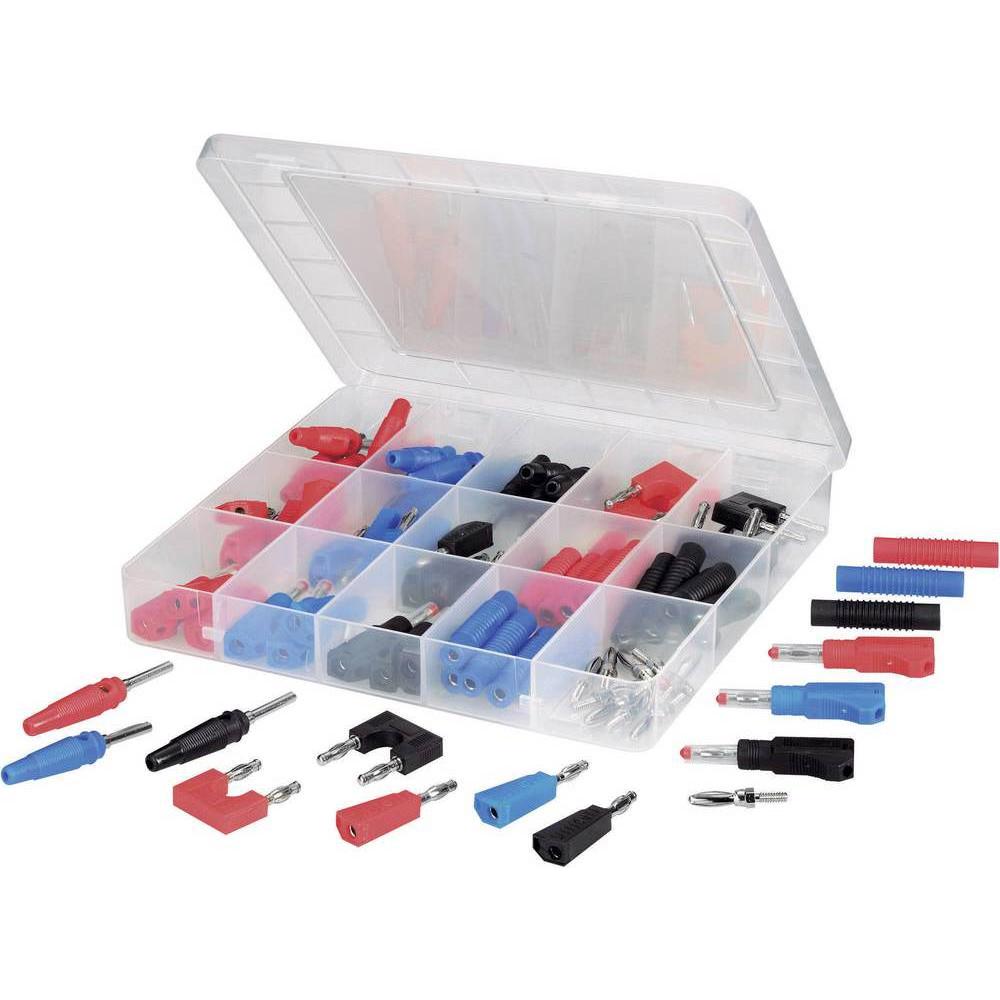 Voltcraft Set di tappi da laboratorio, 84 pezzi, Cavo + Spina elettrica, Nero, Rosso, Blu, Argento