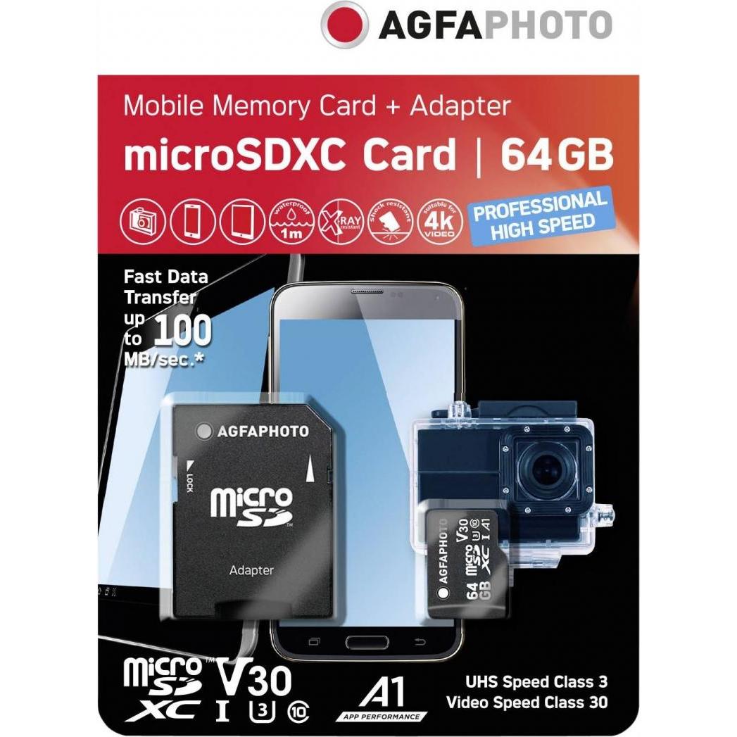 AGFAPHOTO MicroSDXC UHS-I 64GB ad alta velocità C 10 U3 V30 + adattatore (64 GB, microSDXC, U3, UHS-I), Scheda di memoria