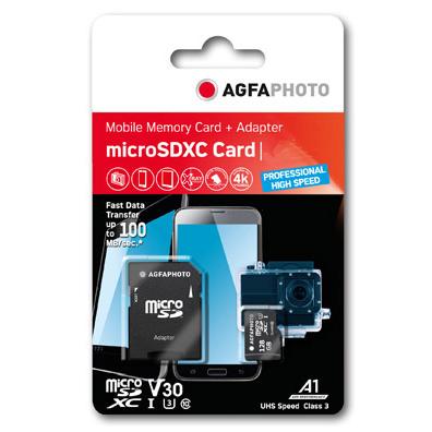 AGFAPHOTO MicroSDXC UHS I 128GB Prof. Alta velocità U3 / V30 / A1 (128 GB, microSDXC, U3, UHS-I), Scheda di memoria, Nero