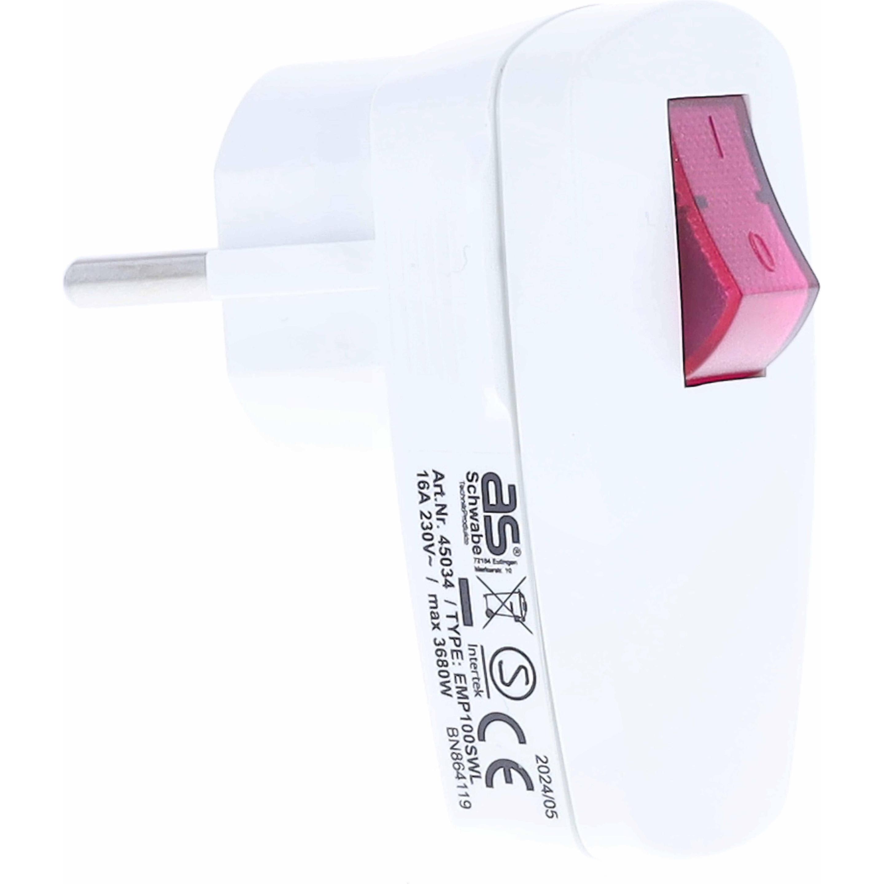 As - Schwabe, Spina Angolata con Interruttore Luminoso (CEE 7/7)