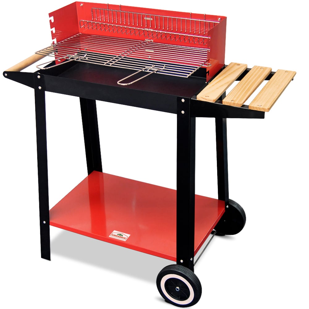 Barbecue carrello con piano di lavoro in legno nero-rosso alluminio 53