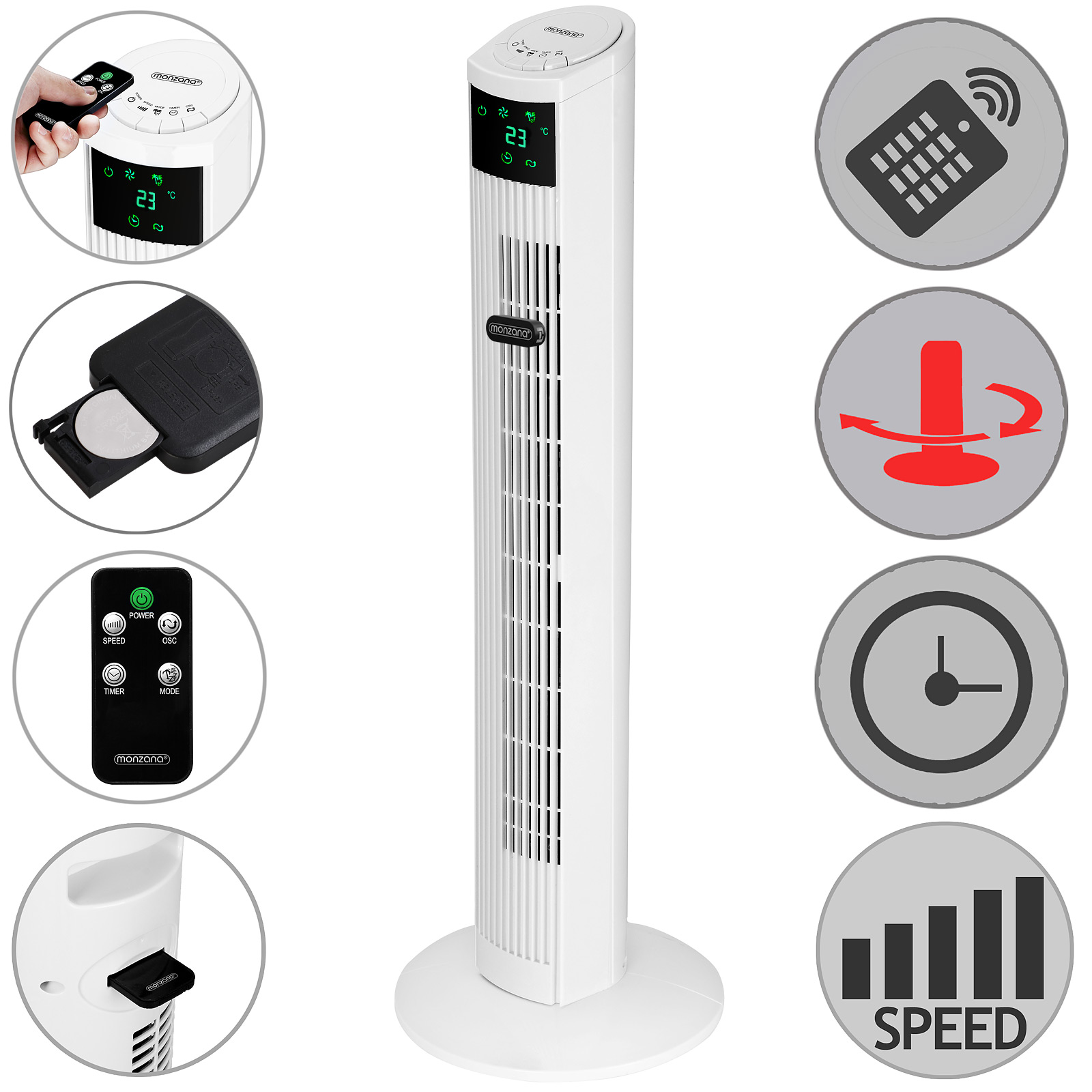 Ventilatore a Torre Oscillante 90° con Telecomando 45W