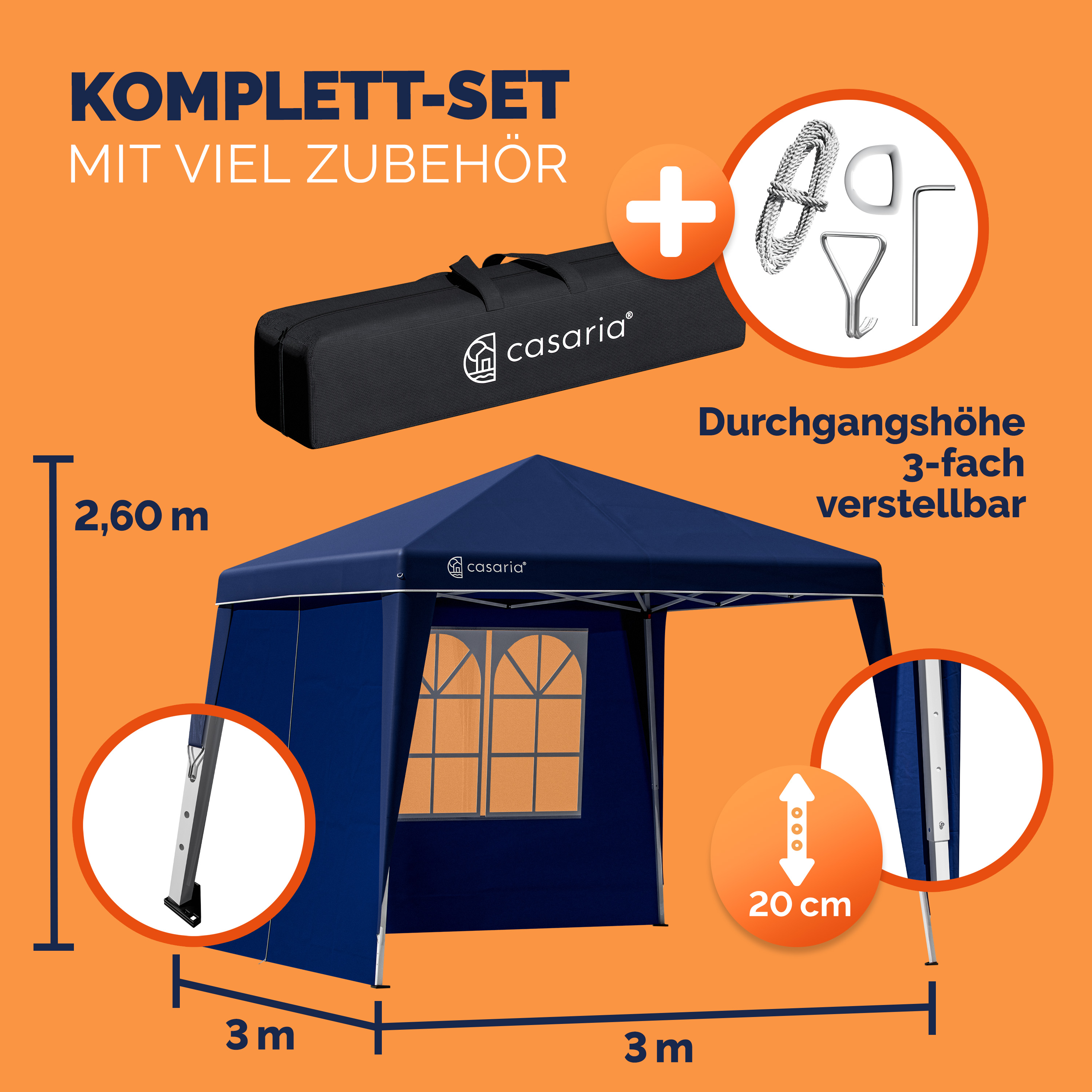Gazebo Pieghevole Capri Blu 3x3m con 2 Pareti Laterali