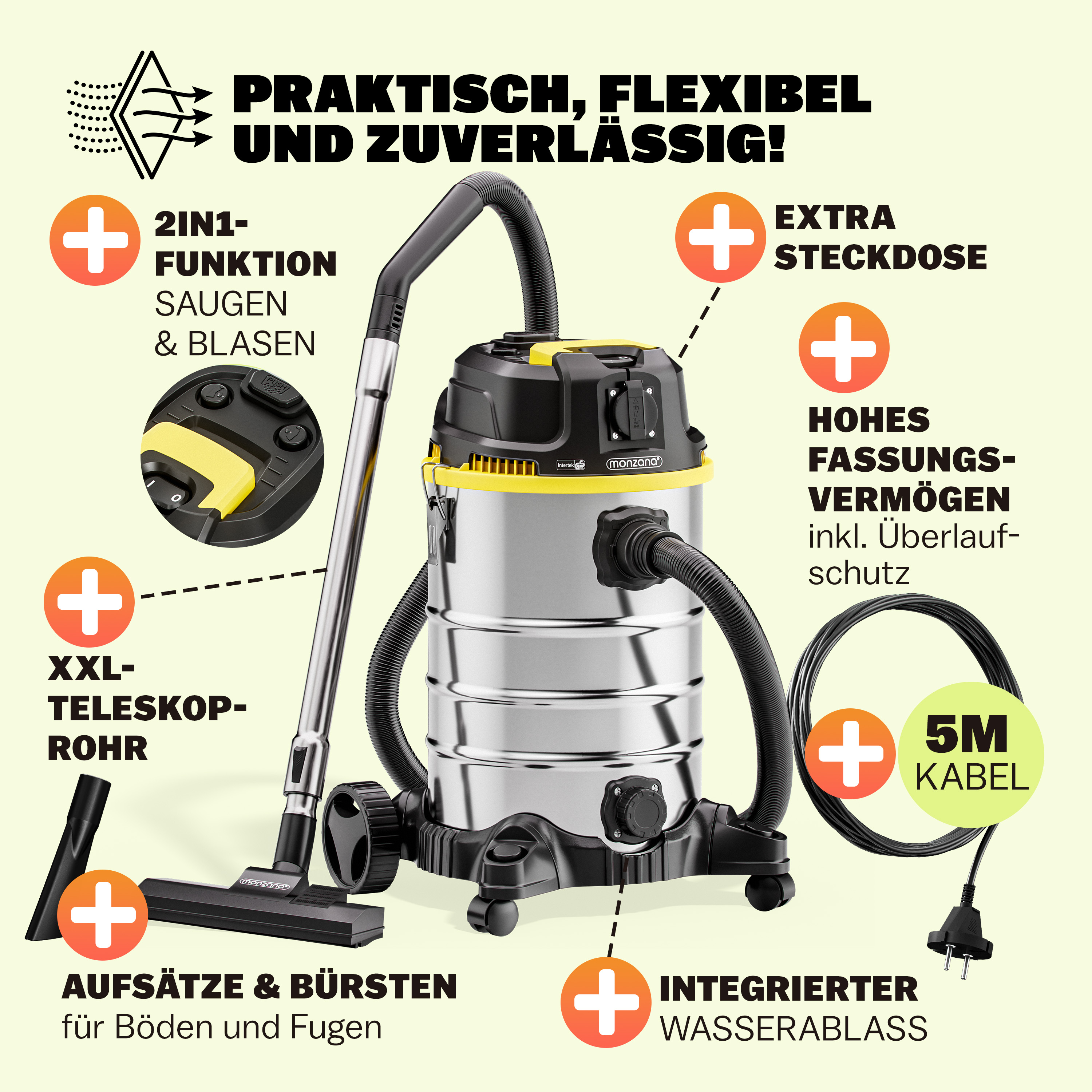 Aspirapolvere Umido/Secco 30L 1000W MONZANA® - Potenza e Versatilità