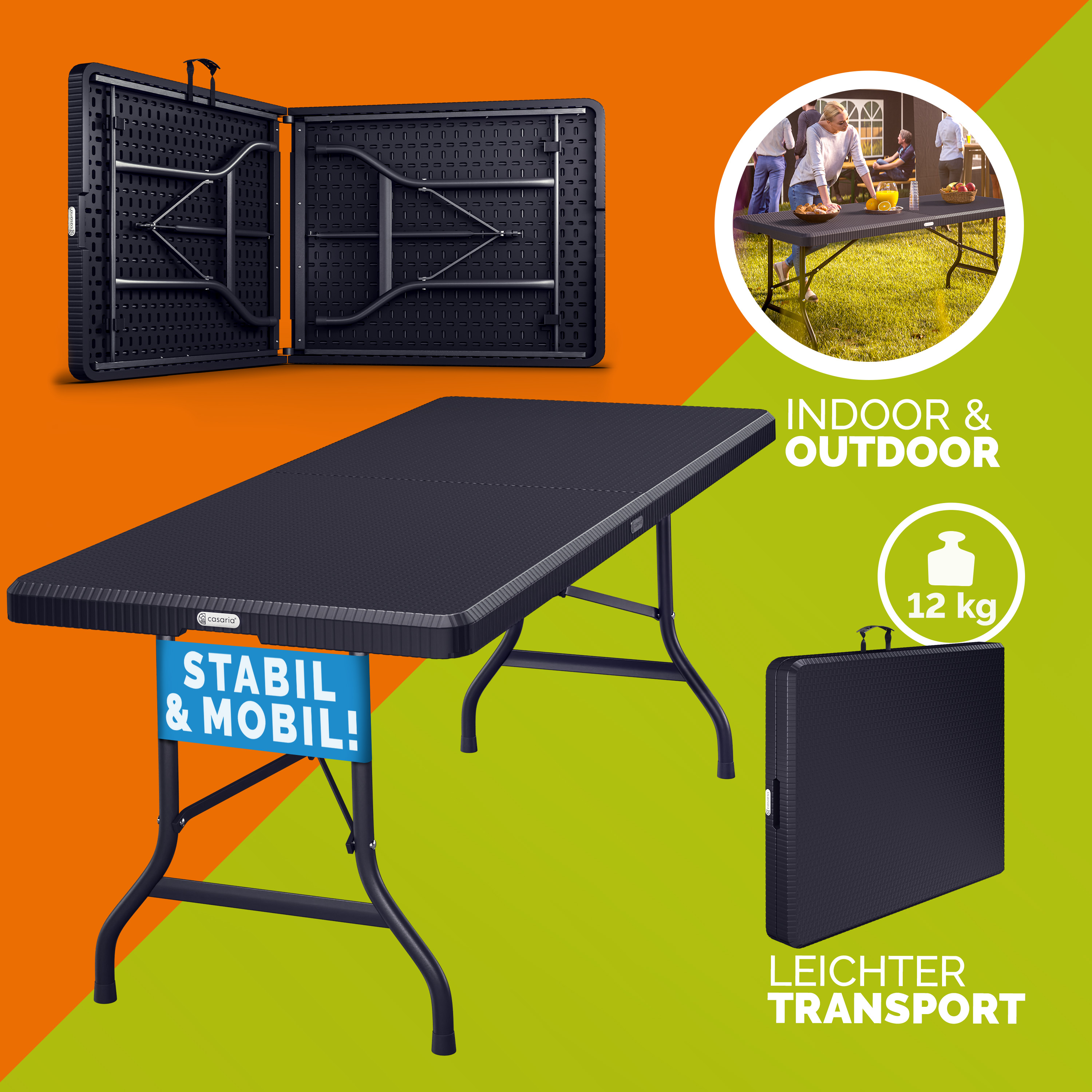 Tavolo da Giardino Nero Optica Polyrattan 180x75x73cm - Pieghevole e Trasportabile