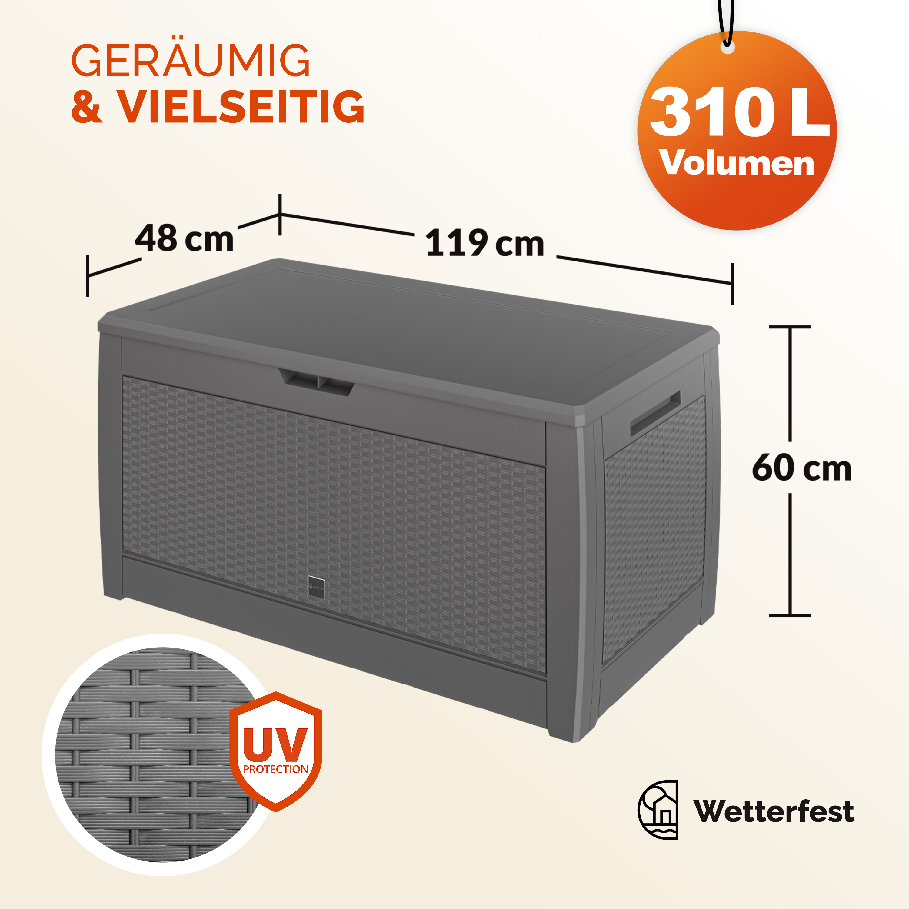 Baule da Giardino 119x48x60cm Grigio Effetto Rattan