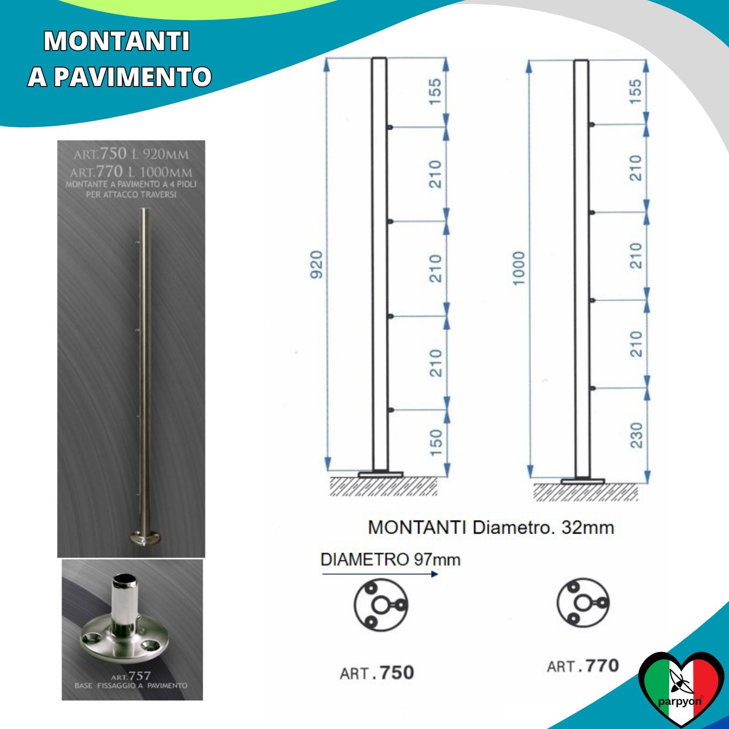 Montante Grigio ParpyonART. 770: Fissaggio a Pavimento (100 cm)